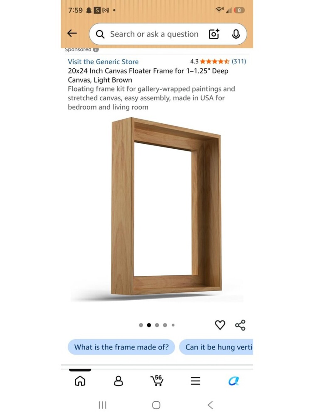 20x24 Inch Canvas Floater Frame for 1-1.25" Deep Canvas, Light Brown